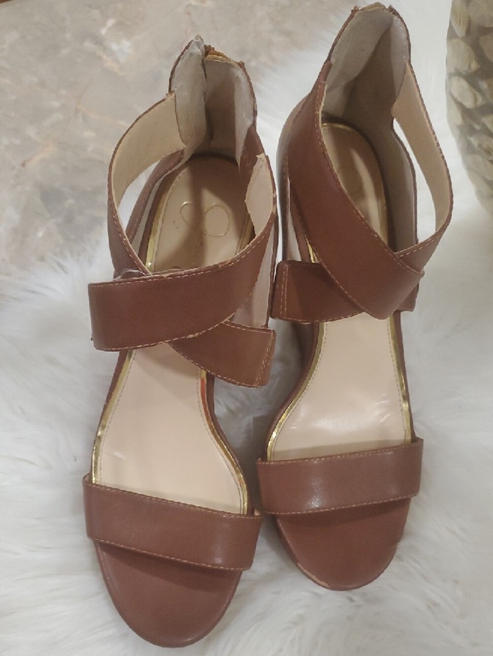 Jessica Simpson Brown Leather Crisscross Strap Wedge Heels Size 9 - Picture 14 of 15